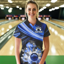 Load image into Gallery viewer, Personalized Black and Blue Smoke Flame Bowling Polo, 1/4 Zip Shirts For Women, cool bowling jerseys NQS9543
