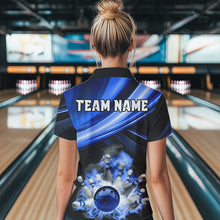 Load image into Gallery viewer, Personalized Black and Blue Smoke Flame Bowling Polo, 1/4 Zip Shirts For Women, cool bowling jerseys NQS9543