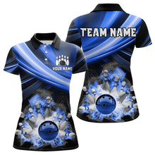 Load image into Gallery viewer, Personalized Black and Blue Smoke Flame Bowling Polo, 1/4 Zip Shirts For Women, cool bowling jerseys NQS9543