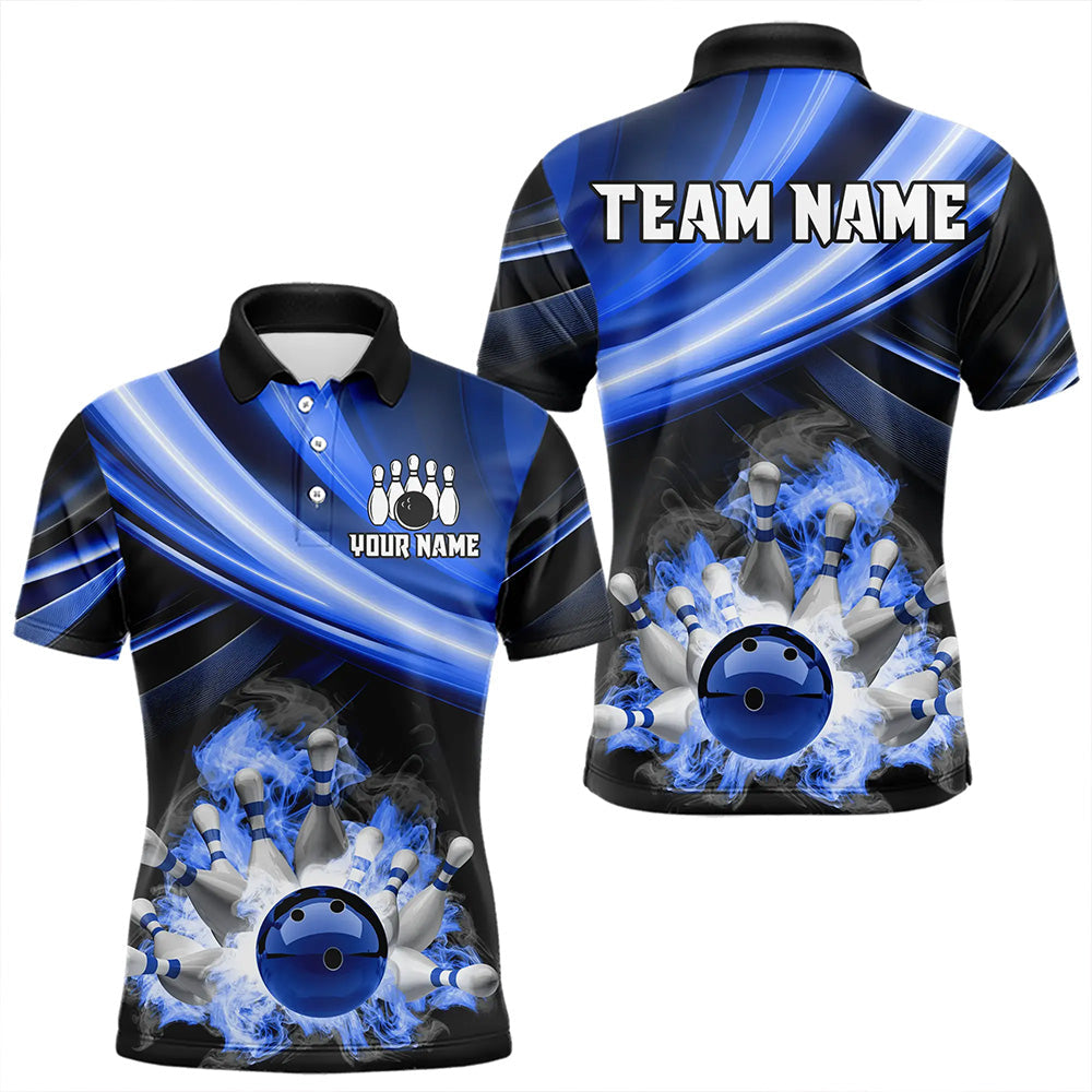 Personalized Black and Blue Smoke Flame Bowling Polo, 1/4 Zip Shirts For Men, cool bowling jerseys NQS9543