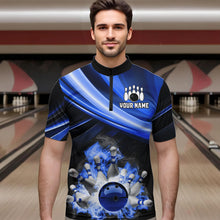Load image into Gallery viewer, Personalized Black and Blue Smoke Flame Bowling Polo, 1/4 Zip Shirts For Men, cool bowling jerseys NQS9543