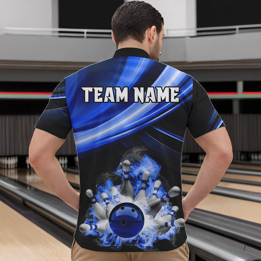 Personalized Black and Blue Smoke Flame Bowling Polo, 1/4 Zip Shirts For Men, cool bowling jerseys NQS9543