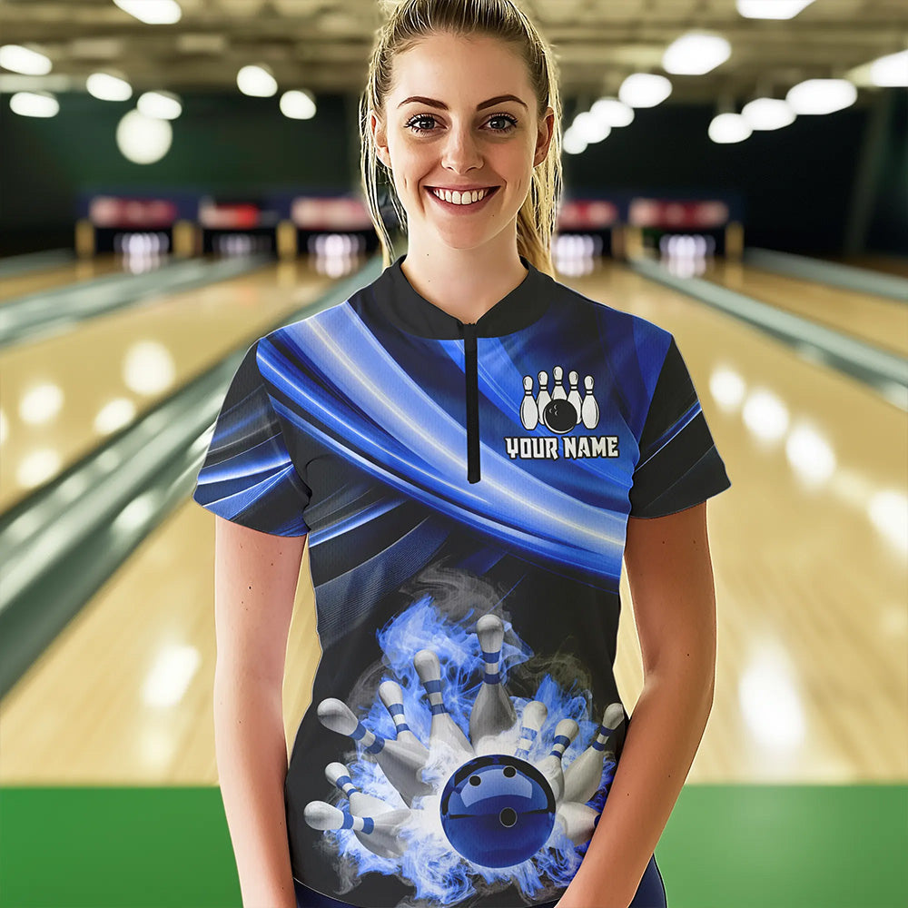 Personalized Black and Blue Smoke Flame Bowling Polo, 1/4 Zip Shirts For Women, cool bowling jerseys NQS9543