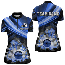Load image into Gallery viewer, Personalized Black and Blue Smoke Flame Bowling Polo, 1/4 Zip Shirts For Women, cool bowling jerseys NQS9543