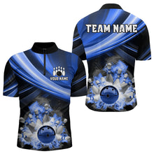 Load image into Gallery viewer, Personalized Black and Blue Smoke Flame Bowling Polo, 1/4 Zip Shirts For Men, cool bowling jerseys NQS9543