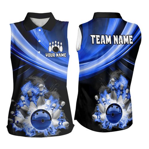 Personalized Black and Blue Smoke Flame Bowling Sleeveless Polo Shirts, cool bowling jerseys NQS9543