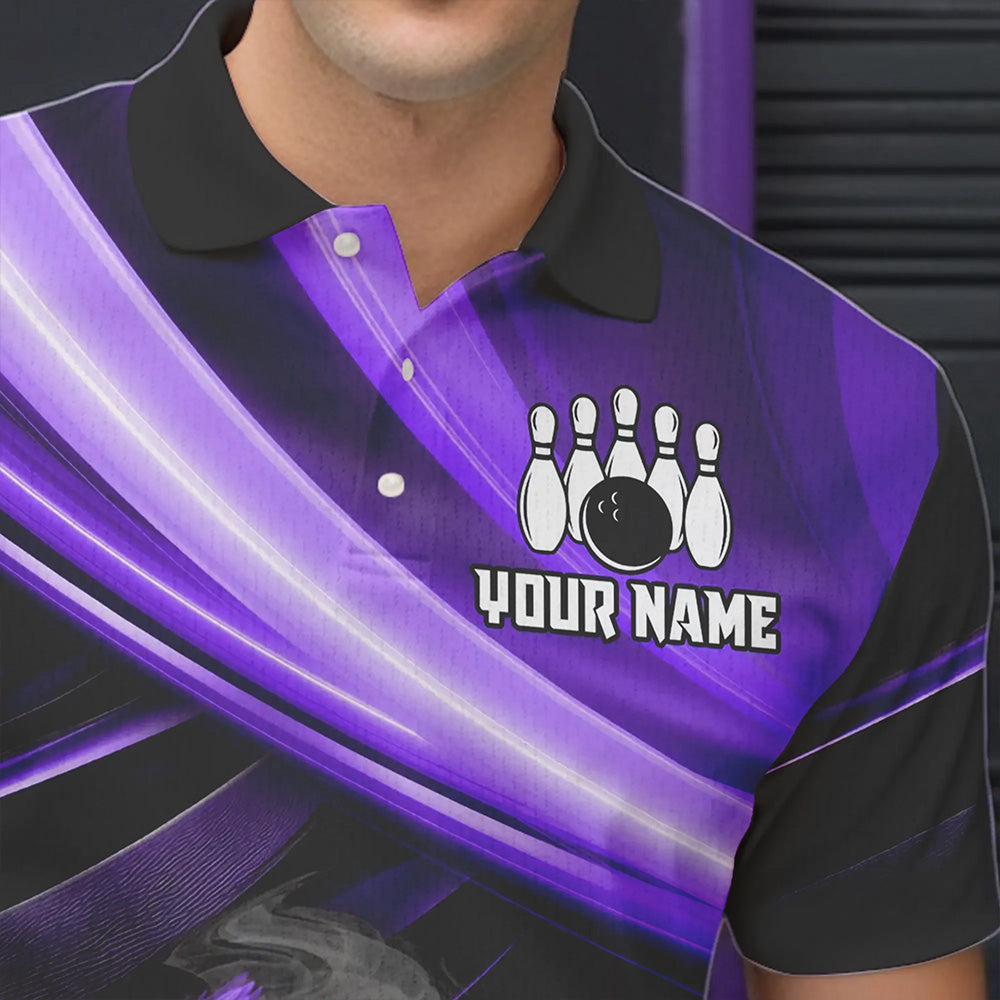 Personalized Black and Purple Smoke Flame Bowling Polo, 1/4 Zip Shirts For Men, cool bowling jerseys NQS9544