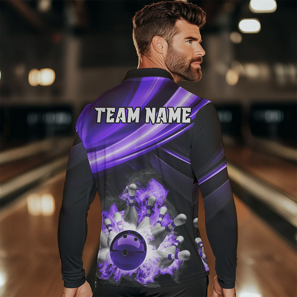 Personalized Black and Purple Smoke Flame Bowling Polo, 1/4 Zip Shirts For Men, cool bowling jerseys NQS9544