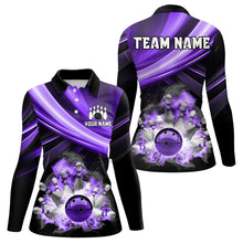 Load image into Gallery viewer, Personalized Black and Purple Smoke Flame Bowling Polo, 1/4 Zip Shirts For Women, cool bowling jerseys NQS9544