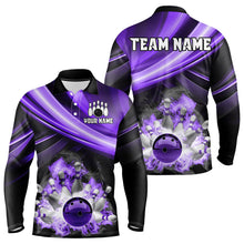 Load image into Gallery viewer, Personalized Black and Purple Smoke Flame Bowling Polo, 1/4 Zip Shirts For Men, cool bowling jerseys NQS9544