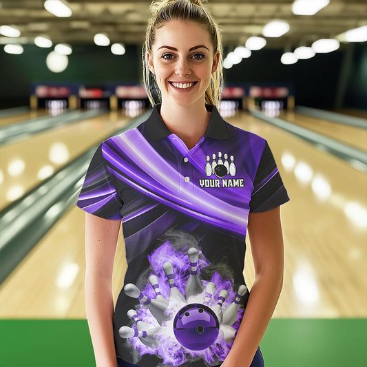 Personalized Black and Purple Smoke Flame Bowling Polo, 1/4 Zip Shirts For Women, cool bowling jerseys NQS9544