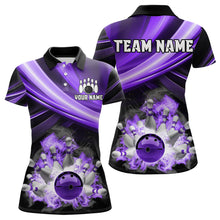 Load image into Gallery viewer, Personalized Black and Purple Smoke Flame Bowling Polo, 1/4 Zip Shirts For Women, cool bowling jerseys NQS9544