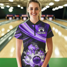 Load image into Gallery viewer, Personalized Black and Purple Smoke Flame Bowling Polo, 1/4 Zip Shirts For Women, cool bowling jerseys NQS9544