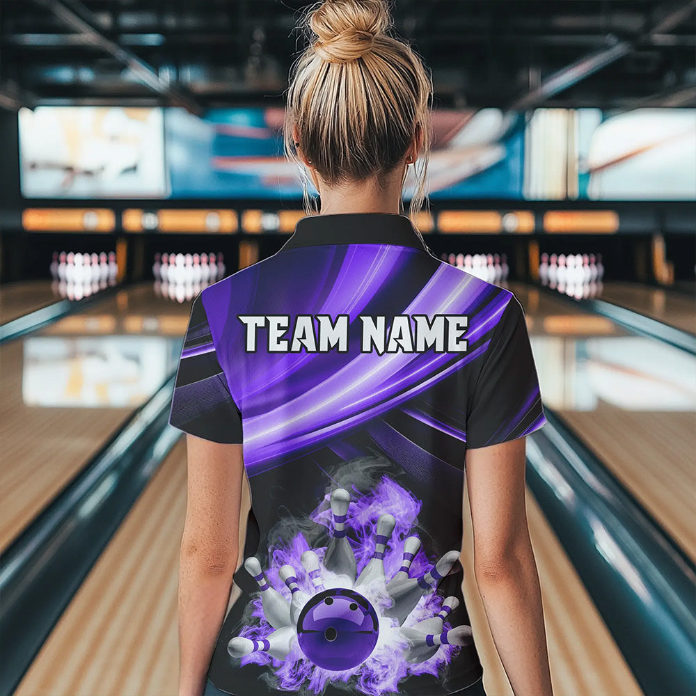 Personalized Black and Purple Smoke Flame Bowling Polo, 1/4 Zip Shirts For Women, cool bowling jerseys NQS9544