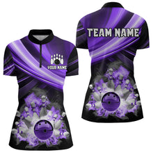 Load image into Gallery viewer, Personalized Black and Purple Smoke Flame Bowling Polo, 1/4 Zip Shirts For Women, cool bowling jerseys NQS9544