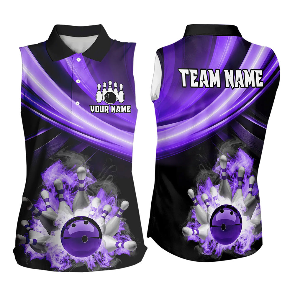 Personalized Black and Purple Smoke Flame Bowling Sleeveless Polo Shirts, cool bowling jerseys NQS9544