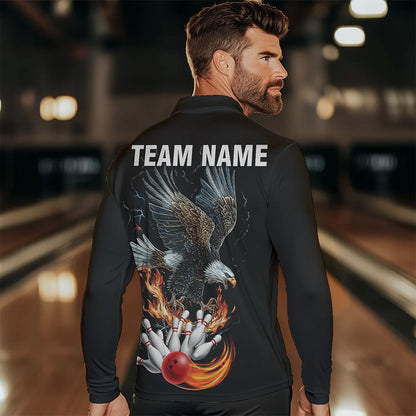Black Mens Bowling Polo, 1/4 Zip Shirt Custom Flame Eagle Lightning bowling outfit gifts for bowlers NQS9707