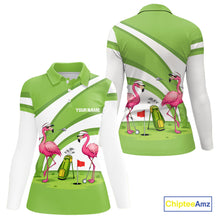 Load image into Gallery viewer, Funny Pink Flamingo Golf Polo Shirts for Women Custom Green and White ladies golf attire NQS11747