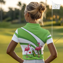 Load image into Gallery viewer, Funny Pink Flamingo Golf Polo Shirts for Women Custom Green and White ladies golf attire NQS11747