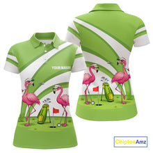 Load image into Gallery viewer, Funny Pink Flamingo Golf Polo Shirts for Women Custom Green and White ladies golf attire NQS11747