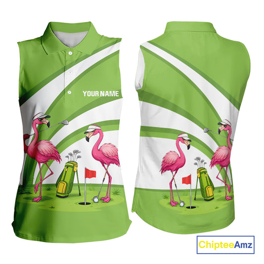 Funny Pink Flamingo Sleeveless Golf Polo Shirts for Women Custom Green and White ladies golf attire NQS11747
