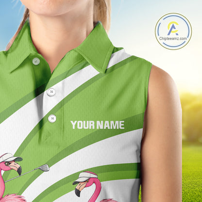 Funny Pink Flamingo Sleeveless Golf Polo Shirts for Women Custom Green and White ladies golf attire NQS11747
