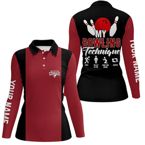 Red black vintage Womens bowling polo shirt Custom my bowling technique strike Bowling Team Jersey NQS5487