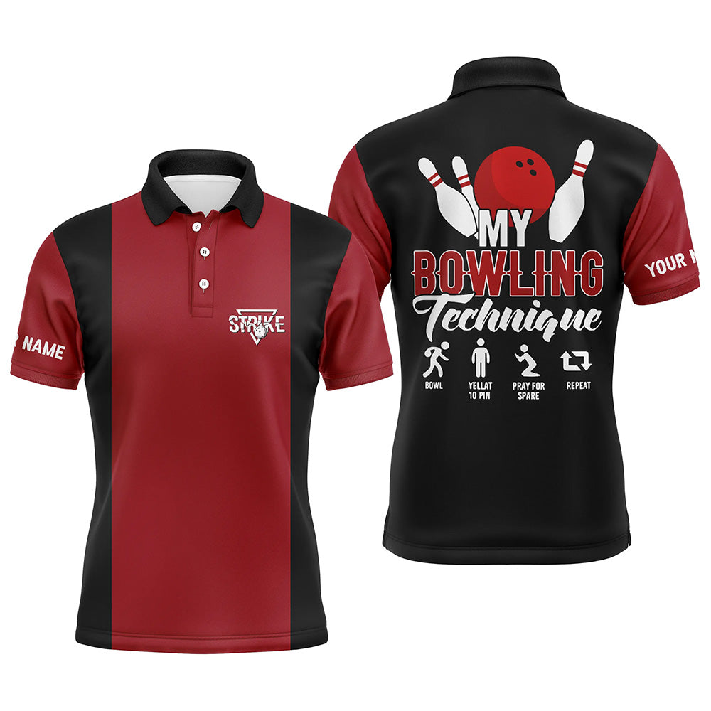 Red black vintage Mens polo bowling shirts Custom my bowling technique strike Bowling Team Jersey NQS5487