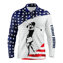 Load image into Gallery viewer, Mens golf polo shirts custom name white American flag patriotic golf shirts for mens golfing gifts NQS5753