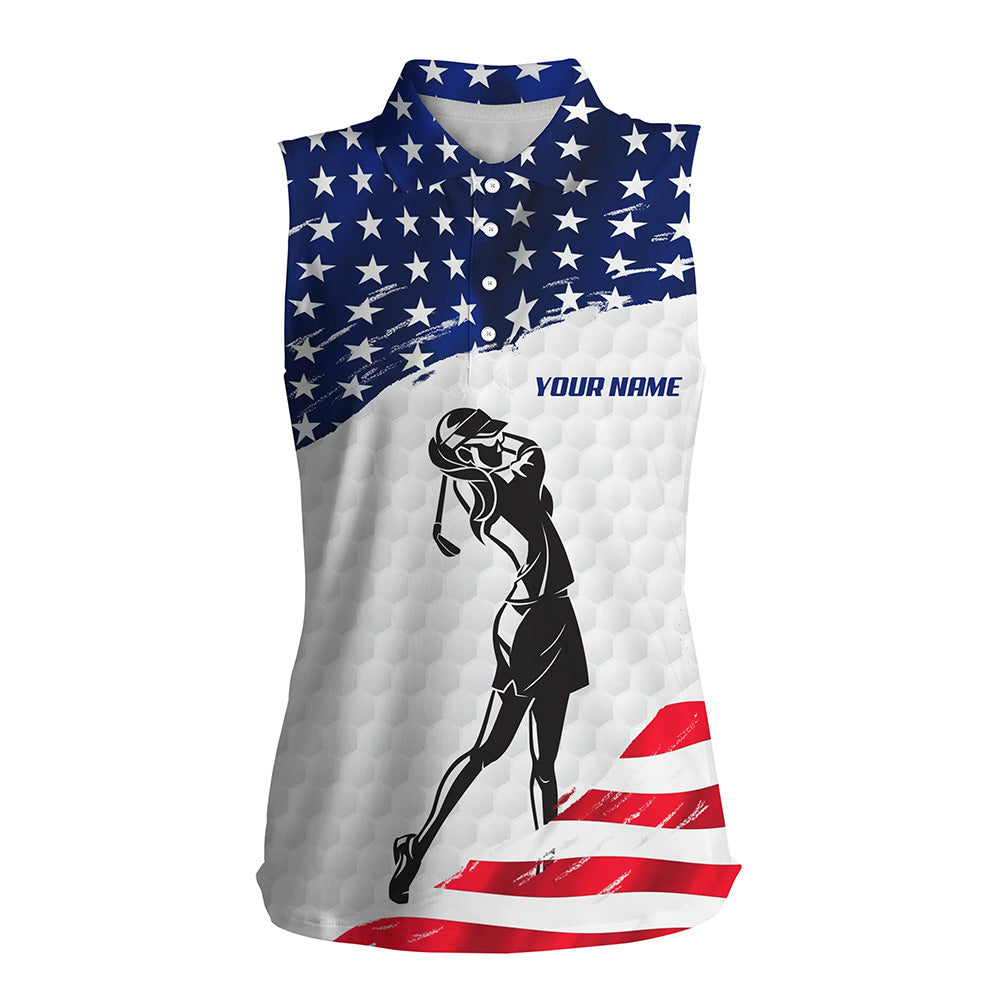 Women sleeveless polo shirt custom name white American flag patriotic golf shirts for women NQS5753