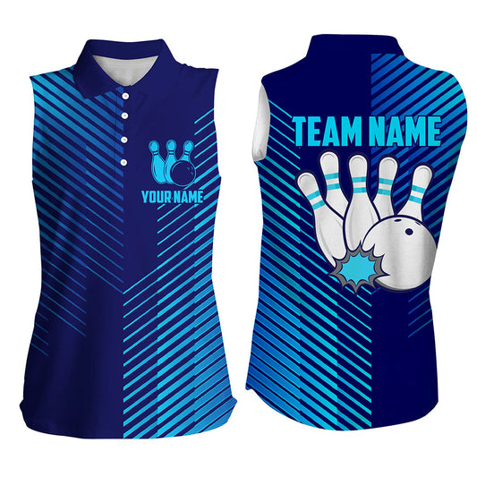 Blue stripes pattern bowling ball pins custom Women's bowling sleeveless polo shirt team jerseys NQS7843