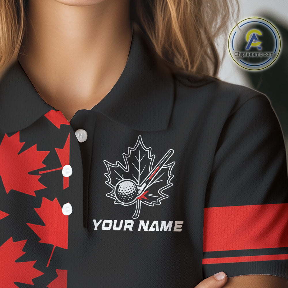 Black and Red maple leaf pattern Women golf polo shirt Custom Canadian Flag patriotic ladies golf top NQS10139