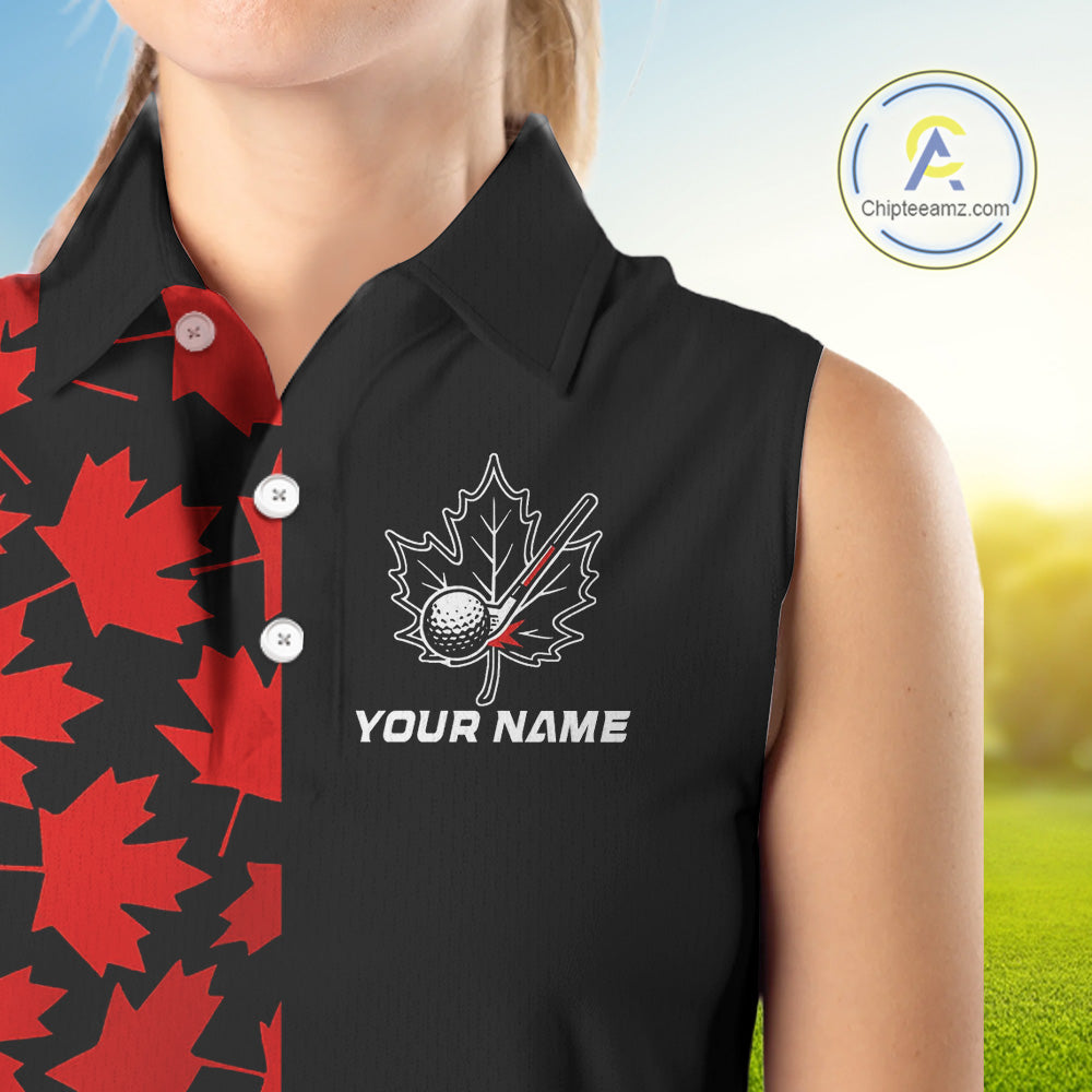 Black and Red maple leaf pattern Women sleeveless polo shirt Custom Canadian Flag patriotic golf top NQS10139