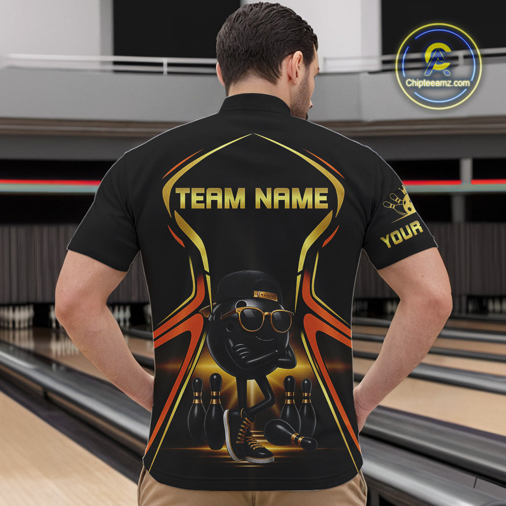 Black and Gold Funny bowling ball and pins Bowling shirts for Men Custom cool bowling team jerseys NQS10273