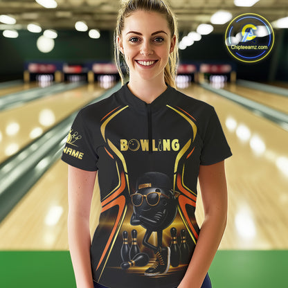 Black and Gold Funny bowling ball and pins Bowling shirts for Women Custom cool bowling team jerseys NQS10273