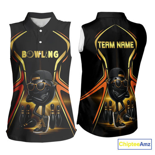 Black and Gold Funny bowling ball and pins Bowling Sleeveless Polos Custom cool bowling team jerseys NQS10273