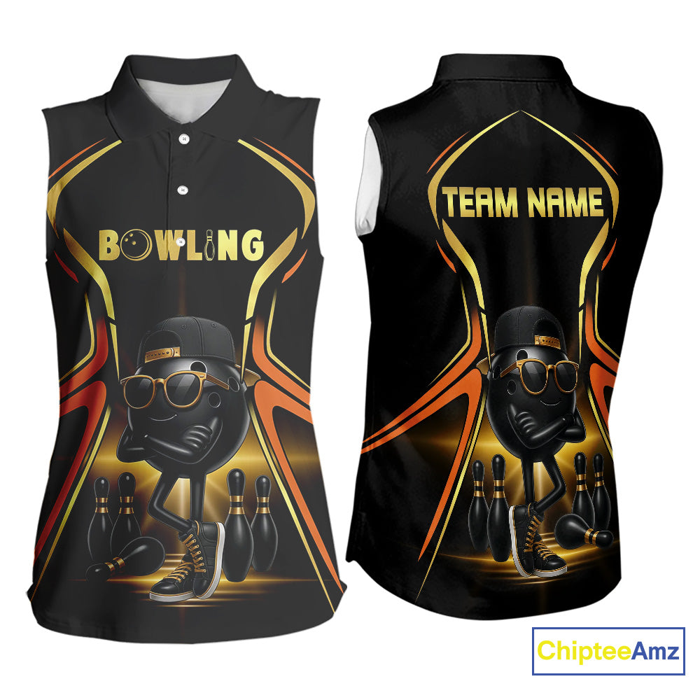 Black and Gold Funny bowling ball and pins Bowling Sleeveless Polos Custom cool bowling team jerseys NQS10273