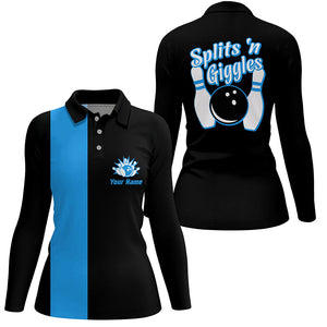 Splits'n Giggles Bowling polo, 1/4 zip Shirt For Women Personalized black blue retro bowling Jersey NQS8487