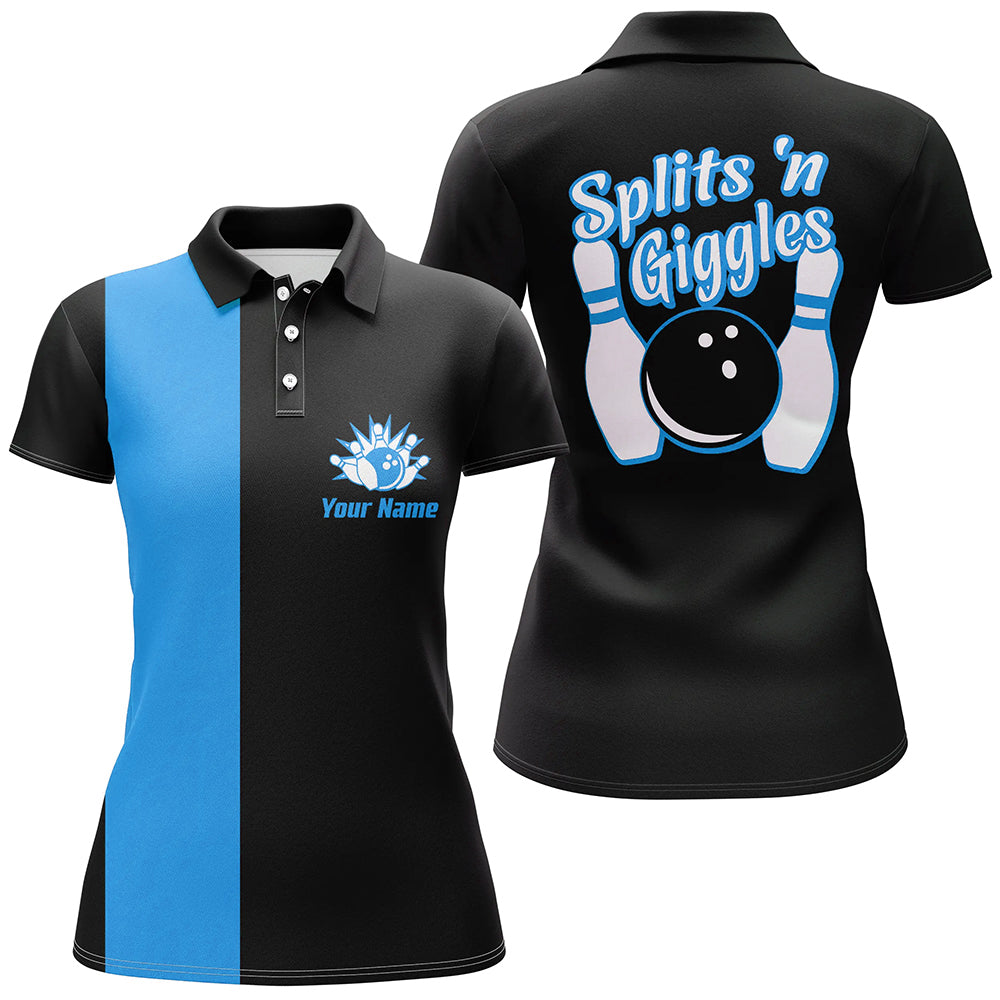 Splits'n Giggles Bowling polo, 1/4 zip Shirt For Women Personalized black blue retro bowling Jersey NQS8487