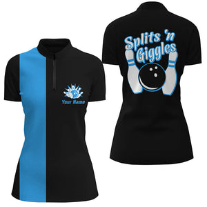 Splits'n Giggles Bowling polo, 1/4 zip Shirt For Women Personalized black blue retro bowling Jersey NQS8487