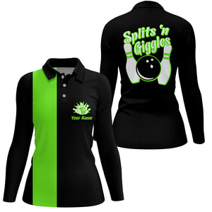 Splits'n Giggles Bowling polo, 1/4 zip Shirt For Women Personalized Black Green retro bowling Jersey NQS8488