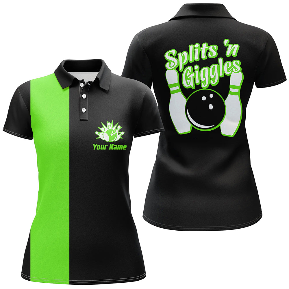 Splits'n Giggles Bowling polo, 1/4 zip Shirt For Women Personalized Black Green retro bowling Jersey NQS8488