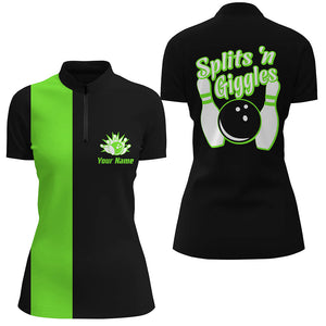 Splits'n Giggles Bowling polo, 1/4 zip Shirt For Women Personalized Black Green retro bowling Jersey NQS8488