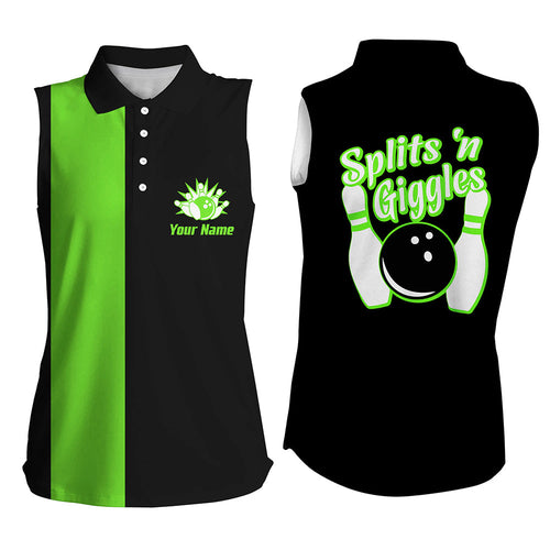 Splits'n Giggles Bowling sleeveless polo Shirt For Women Personalized black green retro bowling Jersey NQS8488