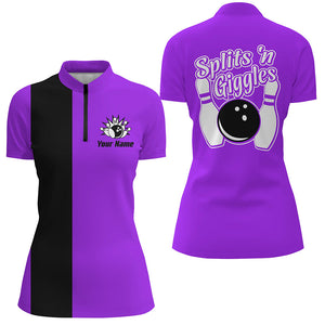 Splits 'n Giggles Bowling polo, 1/4 zip Shirt For Women Personalized Purple retro bowling Jerseys NQS8489