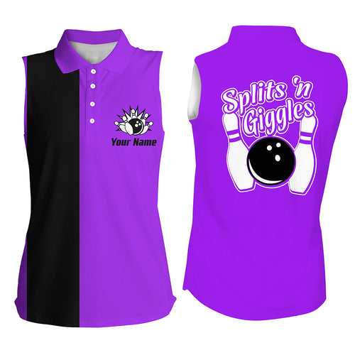 Splits 'n Giggles Bowling sleeveless polo Shirt For Women Personalized Purple retro bowling Jerseys NQS8489