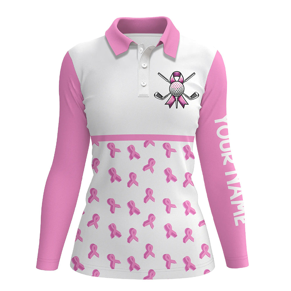 Pink ribbon pattern Women Golf Polo Shirt custom breast cancer awareness month shirt women golf outfit NQS8492