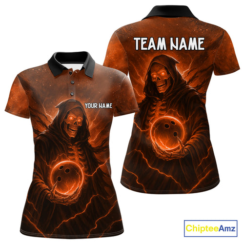 Orange Thunder Lightning Skull Reaper Bowling Shirts For Women Custom Halloween Team Bowling Jerseys NQS10680