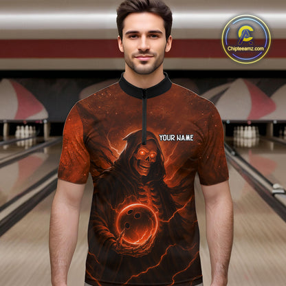 Orange Thunder Lightning Skull Reaper Bowling Shirts For Men Custom Halloween Team Bowling Jerseys NQS10680