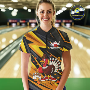 Custom Funny Turkey Bowling Shirts For Women, Black and Yellow Camo Thanksgiving Bowling Shirt Team NQS10683
